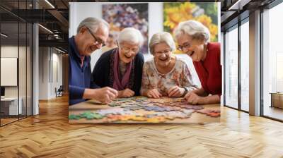 Senior Friends Laughing Together While Playing Puzzles Wall mural