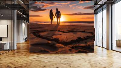 Silhouette of a couple holding hands against a sunset sky, with a heart drawn in the sand in the foreground, capturing the essence of romance and togetherness on Valentine's Day Wall mural