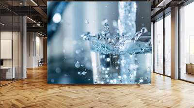 water flowing from the faucet into a glass, closeup focus on a silver metal tap and a transparent cl Wall mural