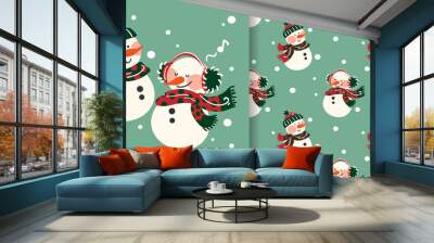 christmas holiday banner with merry christmas text and seamless pattern of cute snowman in winter cl Wall mural