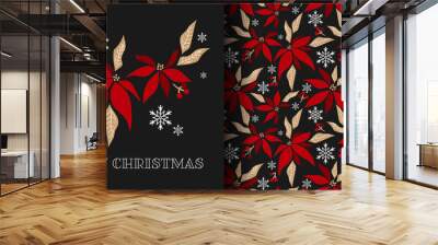 Christmas holiday season banner of Merry Christmas text and seamless pattern of Christmas winter poinsettia flower branches decorative with holly berry branch and snowflakes on black background. Wall mural