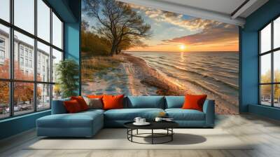 A beautiful sunset on the beach of the Sobieszewo Island at the Baltic Sea at spring. Poland Wall mural