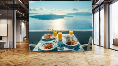 A romantic breakfast table by the sea. Ideal outdoor breakfast table for two people in luxury. breathtaking view of Santorini's caldera in Greece, Europe Wall mural