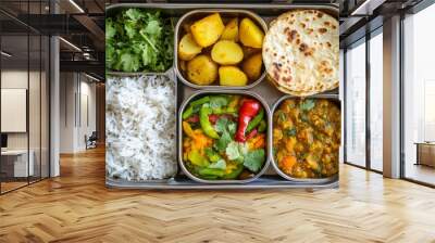 A standard Maharashtrian tiffin or lunch box containing roti or chappati, sabji (white rice and potatoes), simple Dal Tadka, pickles, and salad Wall mural