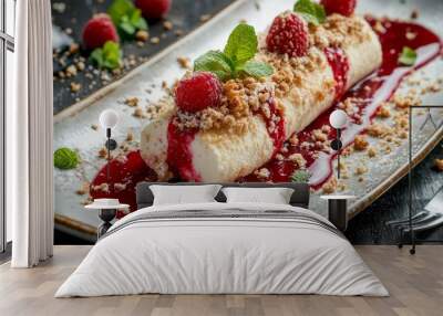 A sweet dish presented on an elongated platter with crumbs and raspberry sauce Wall mural