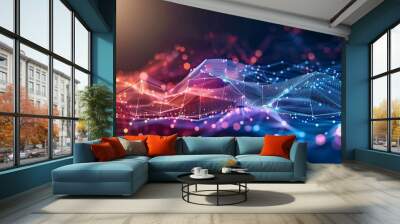 Abstract wave of digital weave lines connecting network dots and dark background . Modern 3D mesh pattern design geometric showing futuristic computer science technology concepts Wall mural