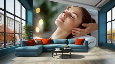 Adult woman receiving medical therapy and back massage in beauty SPA salon. Female masseuse giving a neck massage to a female client. The idea of well-being and a healthy lifestyle. Duplicate the adve Wall mural