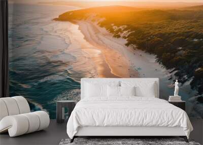 Aerial view of coastline and white sand dunes at sunset. Anna Bay, New South Wales, Australia  Wall mural