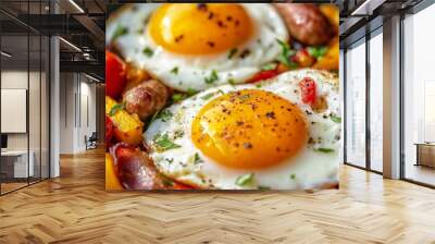 An English breakfast consists of two fried eggs served with roasted vegetables, sausage, and bacon. Wall mural