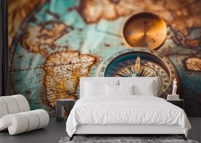 Antique compass rests on a world map, symbolizing adventure, exploration, and historical navigation Wall mural