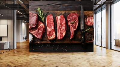 Assorted raw Black Angus prime steaks, including machete and blade cuts Wall mural