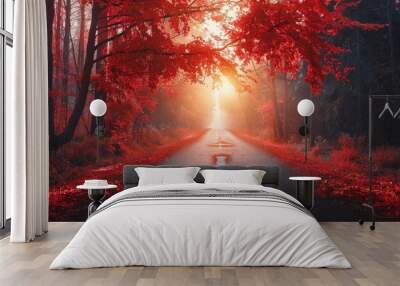 autumn road in sunrise- red color panoramic forest landscape Wall mural