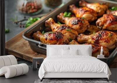 Baked chicken legs in metal baking dish on a wooden kitchen board Wall mural