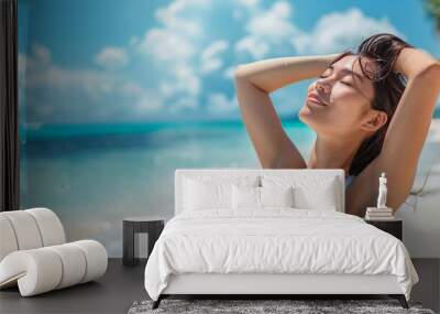 Banner woman relaxing touching her hair wellness summer holiday ocean beach panoramic background on tropical Caribbean summer vacation panorama. Asian girl breathing clean air. Wall mural