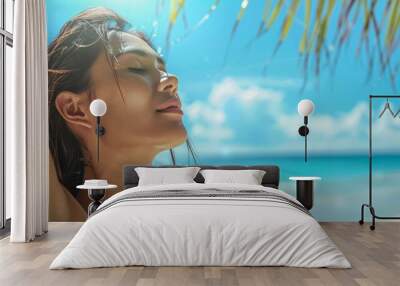 Banner woman relaxing touching her hair wellness summer holiday ocean beach panoramic background on tropical Caribbean summer vacation panorama. Asian girl breathing clean air. Wall mural