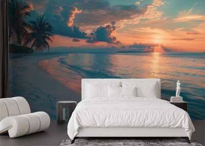 Beautiful panoramic sunset tropical paradise beach. Tranquil summer vacation or holiday landscape. Tropical sunset beach seaside palm calm sea panorama exotic nature view inspirational seascape scenic Wall mural