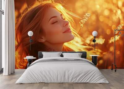 Beauty A romantic girl taking in the scenery outside. Gorgeous fall model with voluminous hair that waves.sunlight at dusk.art with a warm tone. An image of a passionate woman Wall mural