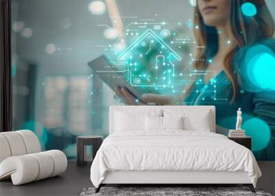 businesswoman using tablet with creative house chip circuit hologram on blurry office interior background and blue bokeh circles. Smart home, hardware and futuristic technology concept. Wall mural