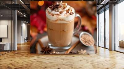 caffe latte with whipped cream, cinnamon and anise in a glass Wall mural