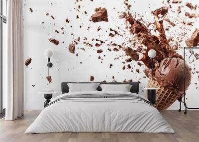 Chocolate ice cream broken into pieces in the air on a white background Wall mural