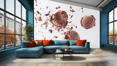 Chocolate ice cream broken into pieces in the air on a white background Wall mural