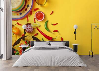 Cinco-de-mayo concept. Top view photo of traditional food nacho chips salsa sauce chilli tequila with salt lime sombrero serape cactus and maracas on isolated vivid yellow background with copyspace Wall mural