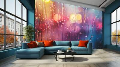 Close-up of a rainy day via a window showing water falling off glass against a hazy, colorful background Wall mural