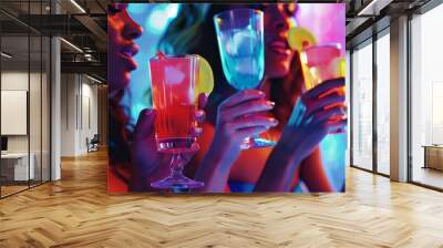 Close-up of girls drinking cocktails in nightclub. Girls having a good time, cheering and drinking cold cocktails, enjoying company together at the bar Wall mural