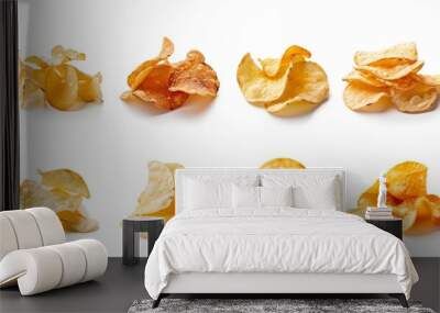 Collection of delicious potato chips, isolated on white background Wall mural