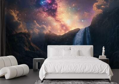 Colorful waterfall with milky way Wall mural