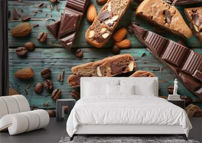 Composition with tasty biscotti cookies, chocolate, almonds and coffee beans on color wooden background, closeup Wall mural