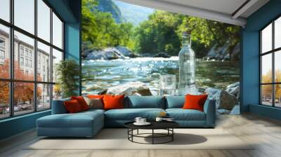 Crystal clear water in a bottle and glass against the backdrop of a mountain river and green plants Wall mural