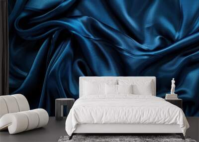 Dark blue silk satin. Soft folds. Fabric. Navy blue luxury background. Space for design.Wavy lines.Banner. Wide.Long. Flat lay, top view table. Beautiful. Elegant. Birthday, Christmas, Valentine's Day Wall mural