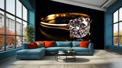 design of an isolated gold diamond ring. a priceless gem set apart on black Wall mural