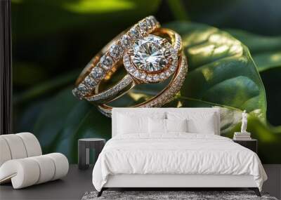 Diamond rings for men and women that overlap and rest atop a leaf that matches the rings' color and style Wall mural