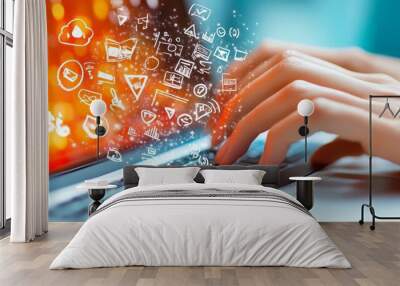 digital marketing symbols with the background of hands typing on a keyboard Wall mural