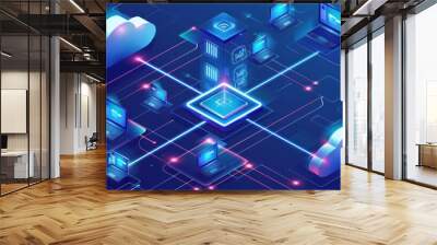 Digital system for transferring documents. FTP(File Transfer Protocol) files receiver and computer backup copy. File sharing isometric. Exchange information and data with internet cloud technology. Wall mural