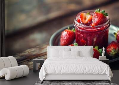 Fresh strawberries and strawberry jam in a glass jar are placed on a vintage steel plate on an antique wooden rustic table. homemade fruits and strawberry jam. discerning attention Wall mural