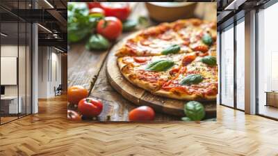 Freshly prepared homemade pizza on a wooden background Wall mural