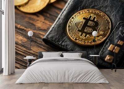 Gold bitcoin coins in a black wallet resting on a wooden table. Wall mural