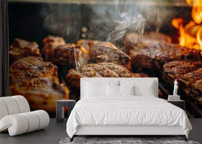 Grilled meat and steaks cooking on a smoky BBQ Wall mural