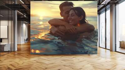 happy young fit couple in the sea or ocean hug each other with love at summer sunset. romantic mood, Wall mural