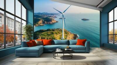 In Bac Lieu, Vietnam, a seascape featuring wind turbines producing electricity is seen alongside a windmill for the production of green energy. Concept of clean energy Wall mural