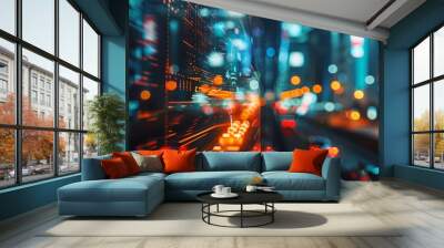 Industry concept for electric car technology: a virtual graphic touch user interface with a blurring city background on a screen in the future. Wall mural