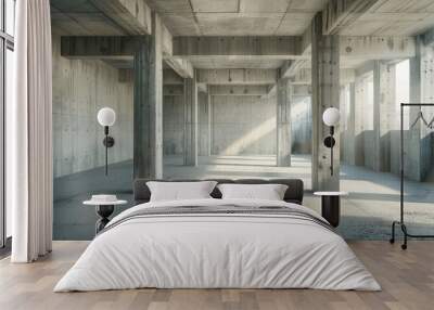 Interior of a concrete residential apartment building room with unfinished bare walls and support pillars for future walls under construction Wall mural