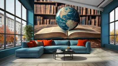 large-scale data Earth globe resting on an open book in the background, along with an education learning concept with an open book or textbook in an old libraryConcept of e-learning Wall mural