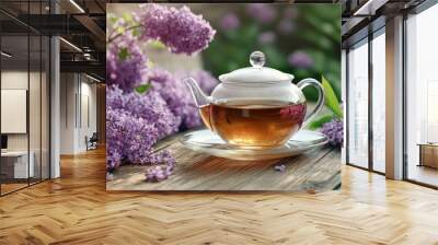 lilac tea in a cup on a wooden table. glass teapot with purple lilac blossoming branches Wall mural