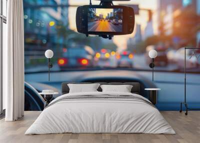 Modern dashboard camera mounted in car, view of road during driving Wall mural