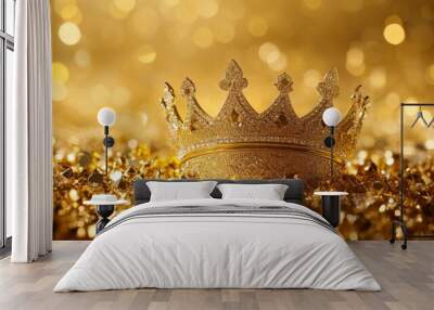 On a golden backdrop, a golden emperor treasure featuring a gold royal king crown Wall mural