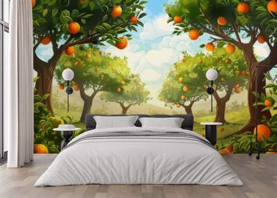 Orange garden with oranges in spring time. Trees with fruits Wall mural